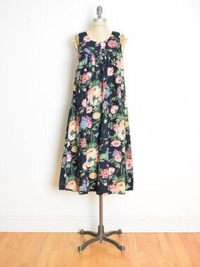 vintage 90s dress navy floral cabbage roses babydoll cottagecore midi Starina M